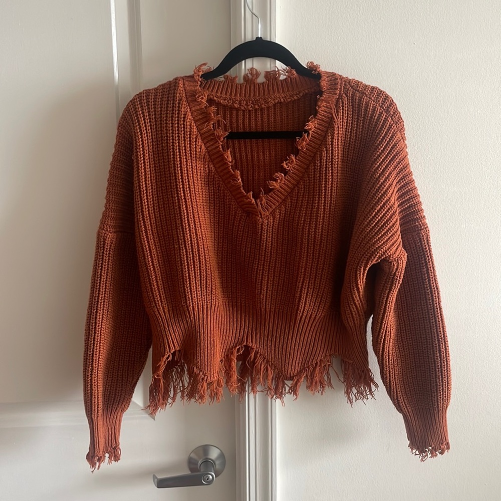 Brown fringe cropped sweater